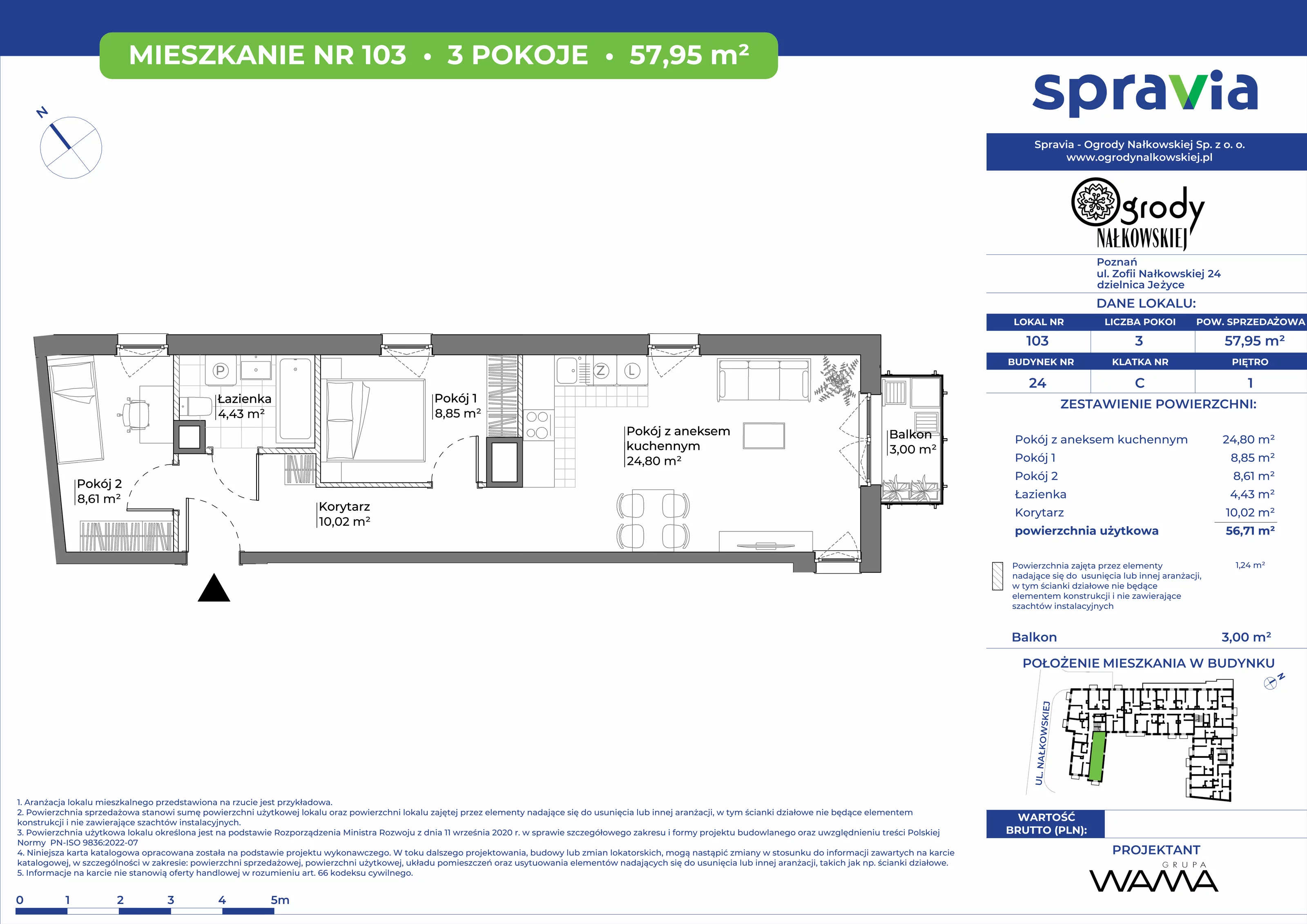 3 pokoje, mieszkanie 57,95 m², piętro 1, oferta nr 24-103, Ogrody Nałkowskiej, Poznań, Ogrody, ul. Nałkowskiej 24, 26